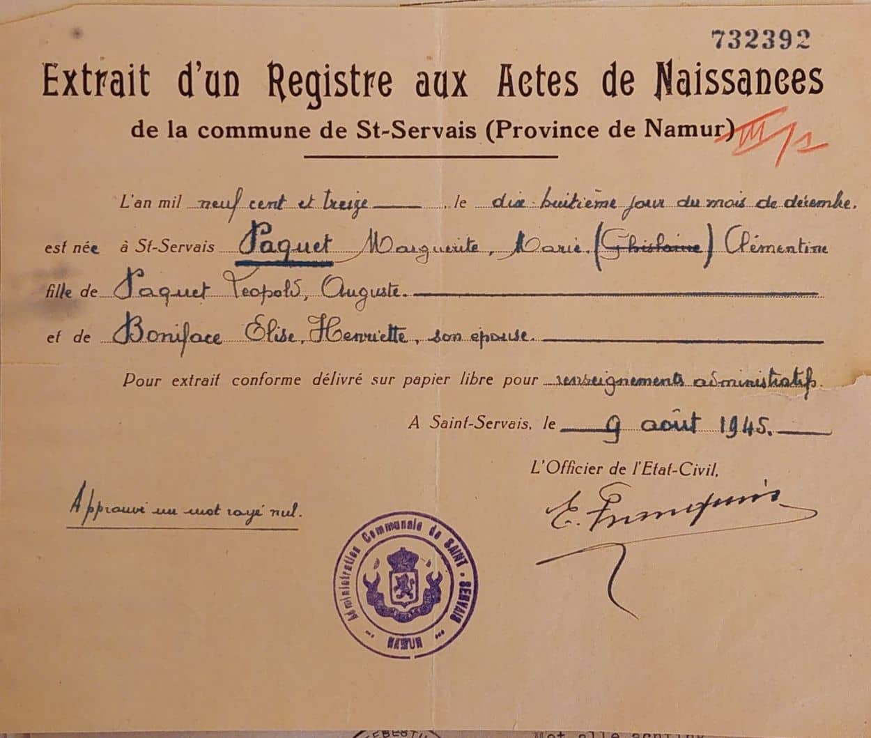Marguerite Paquet, acte de naissance