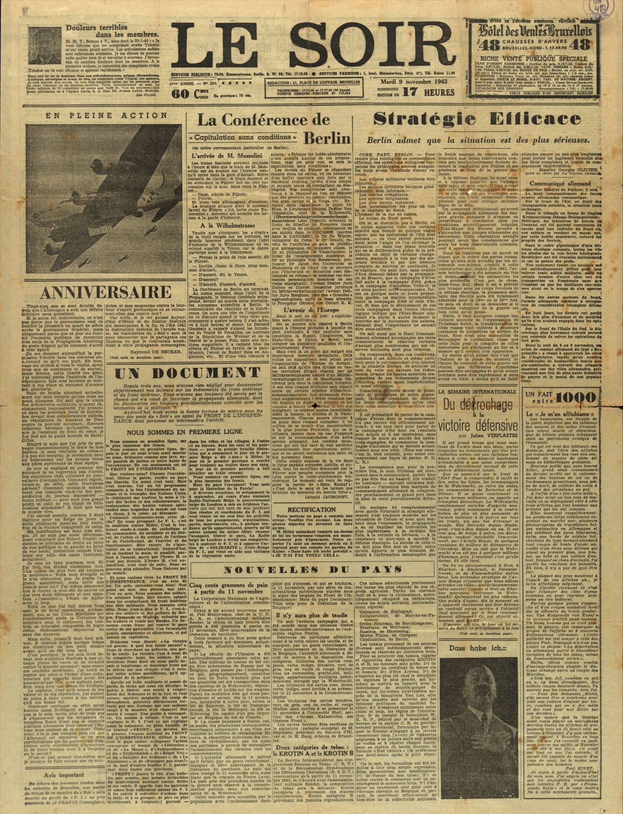 Le Soir, 9 novembre 1943